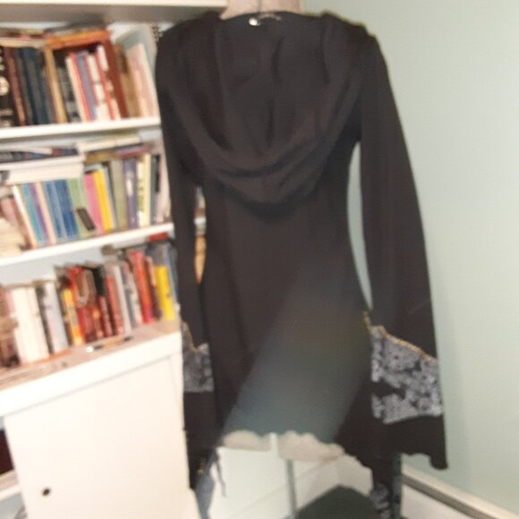 VINTAGE JAYLI NEPAL BOHO BLACK HOODED TUNIC SCREEN PRINT EMBROIDERY UNEVEN HEM M - Picture 5 of 7